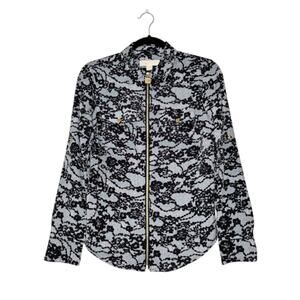 MICHAEL KORS 3/4 Roll Sleeve Floral Lace Pattern Zip Up Gold Detail Blouse XS